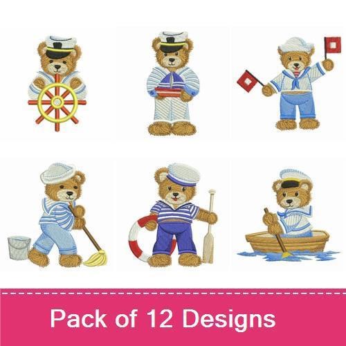 Nautical Teddy Bears Embroidery Designs Bundle – Teddy Bear with Binoculars, Sailing Bear, Life Preserver & More (12 Designs)