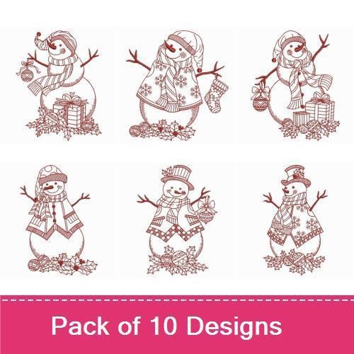 Redwork Snowmen Holiday Embroidery Designs Bundle – Snowman with Ornament, Snowman with Presents, & More (10 Designs)