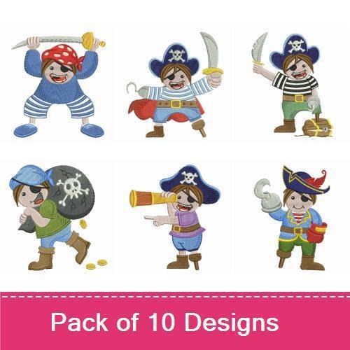 Playful Pirate Kids Embroidery Designs Bundle – Pirate Boy with Sword, Pirate Boy with Treasure Map, & More (10 Designs)