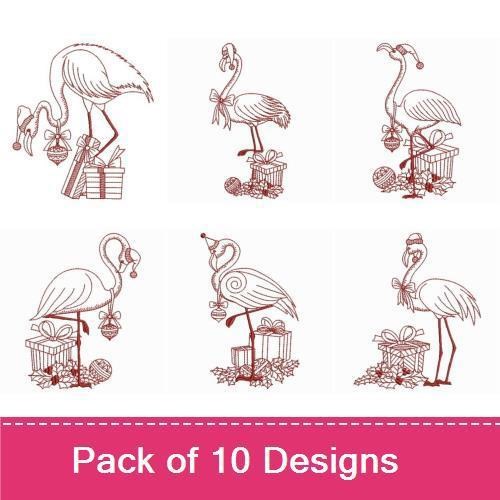 Redwork Festive Flamingo Embroidery Designs Bundle – Flamingo with Presents, Candy Cane, Ornament & More (10 Designs)