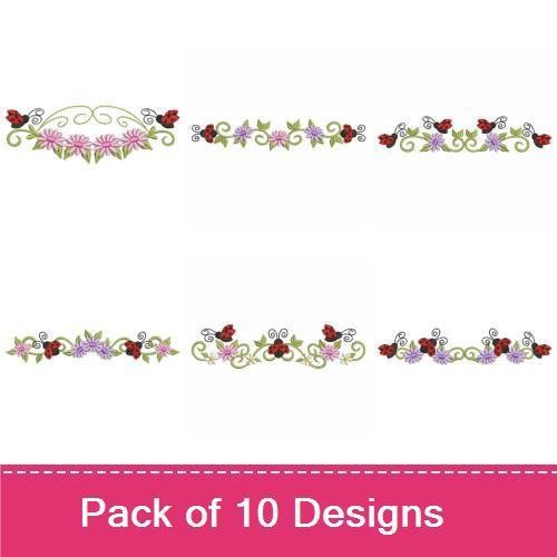 Ladybug & Floral Border Embroidery Bundle – Pink Flowers, Red Flowers, Purple Flowers & More (10 Designs)
