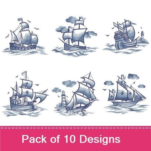 Classic Sailing Ships Embroidery Designs Bundle – Tall Ship, Sailing Ship with Lighthouse, Vintage Sailing Vessel & More (10 Designs)
