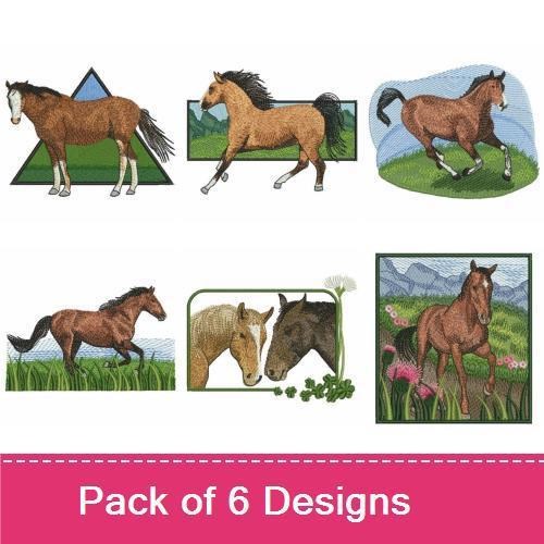 Horses Embroidery Designs Bundle – Chestnut Horse on Triangle, Galloping Horse, Horse in Meadow & More (6 Designs)