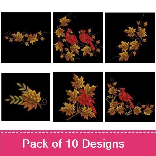 Cardinals & Autumn Leaves Embroidery Designs Bundle – Cardinal Pair, Autumn Text, Leaf Bouquet & More (10 Designs)