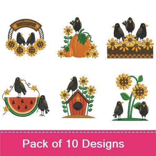 Autumn Birds & Sunflowers Embroidery Designs Bundle – Welcome Sign, Pumpkin, Birdhouse & More (10 Designs)