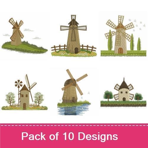 Charming Windmills Embroidery Designs Bundle – Windmill with Trees, Windmill Landscape, & More (10 Designs)