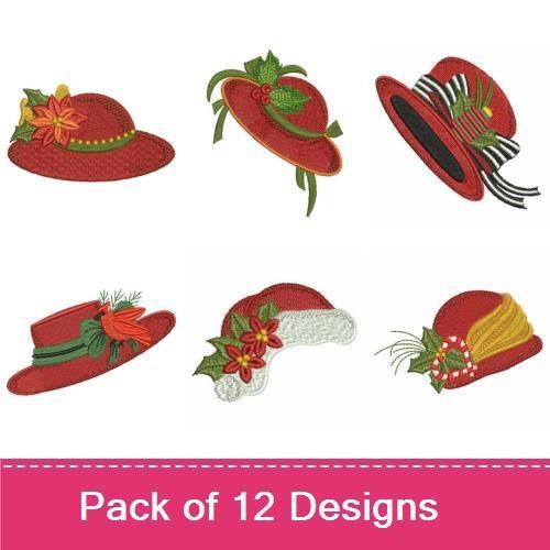 Festive Red Hats Embroidery Designs Bundle – Red Hat with Poinsettia, Red Hat with Green Band, Red Hat with Antlers & More (12 Designs)