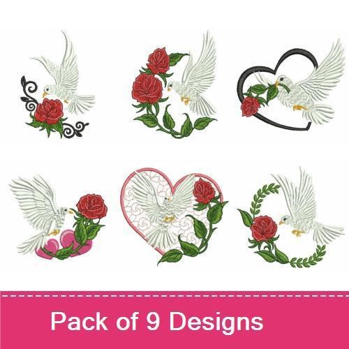 Dove & Rose Embroidery Designs Bundle – Dove with Heart, Rose Heart Design, Dove with Floral Wreath & More (9 Designs)