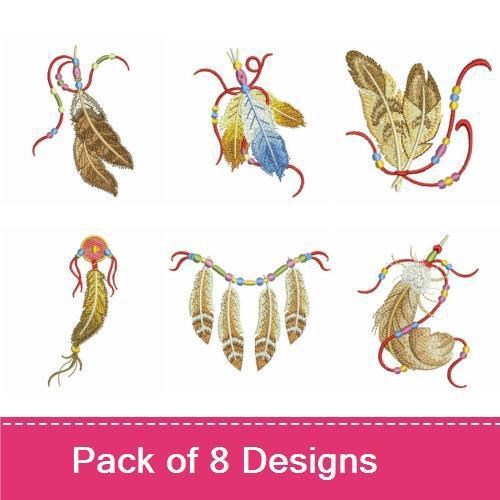 Dreamcatcher & Feather Embroidery Designs Bundle – Dreamcatcher with Paw Print, Feather with Beads & More (8 Designs)
