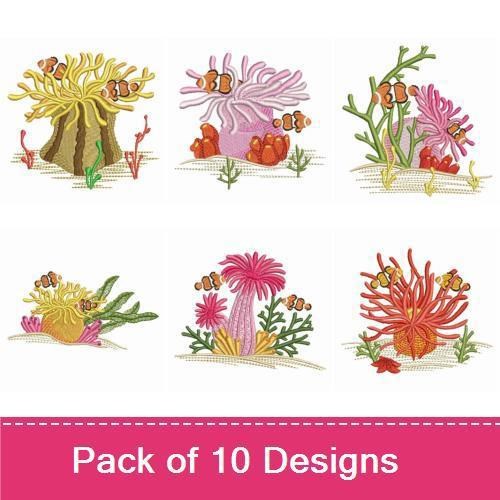 Clownfish & Anemone Embroidery Designs Bundle – Clownfish with Anemone, Colorful Anemone, Coral Reef with Clownfish & More (10 Designs)