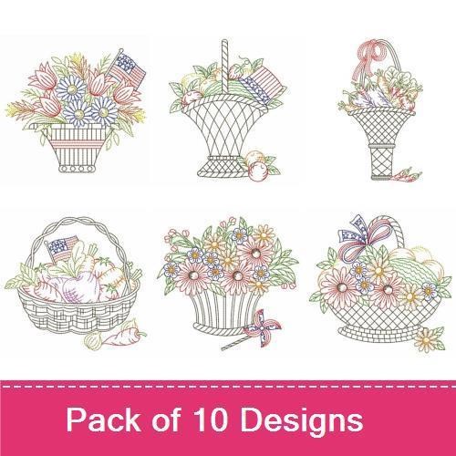 Patriotic Baskets Embroidery Designs Bundle – Basket with American Flag, Garden Basket with Vegetables, & More (10 Designs)