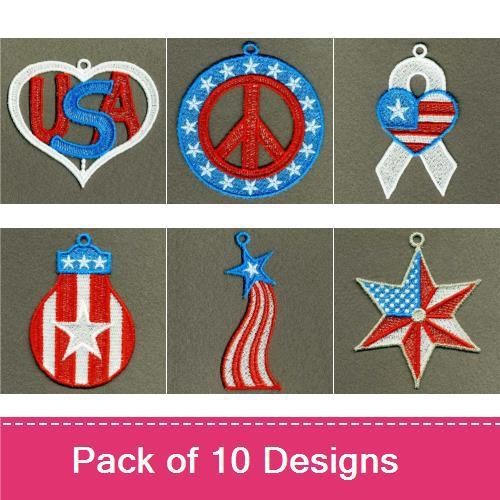 FSL Patriotic Symbols Embroidery Designs Bundle – Patriotic Star, Heart with USA, Peace Symbol & More (10 Designs)