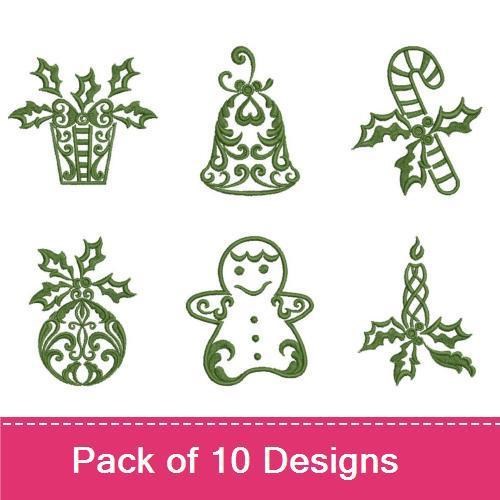 Christmas Ornaments Embroidery Designs Bundle – Holly Ornament, Christmas Bell, Candy Cane & More (10 Designs)