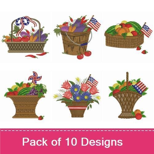 Patriotic Basket Embroidery Designs Bundle – Basket of Vegetables with Flag, Fruits in Basket with Flag & More (10 Designs)