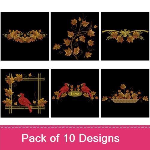 Autumn Cardinals Embroidery Designs Bundle – Cardinal Wreath, Two Cardinals with Leaves & More (10 Designs)