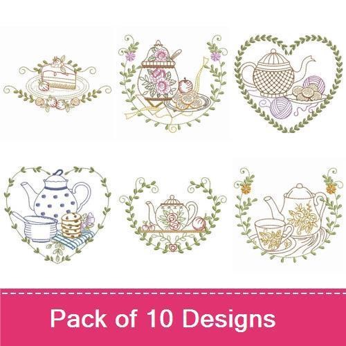 Vintage Tea Time Embroidery Bundle – Teapot with Roses, Teacup with Flowers, Cat with Teacup & More (10 Designs)