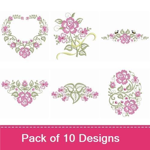 Floral Embroidery Designs Bundle – Heart Floral Arrangement, Bouquet with Pink Roses, Rose Corner Design & More (10 Designs)