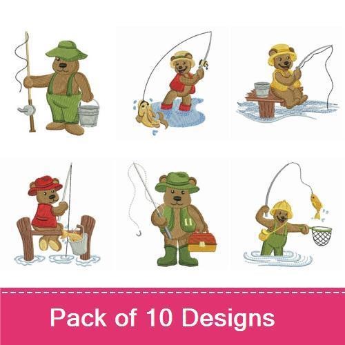 Fishing Bears Embroidery Bundle – Bear Fishing with Yellow Hat, Bear Sitting on Dock, & More (10 Designs)