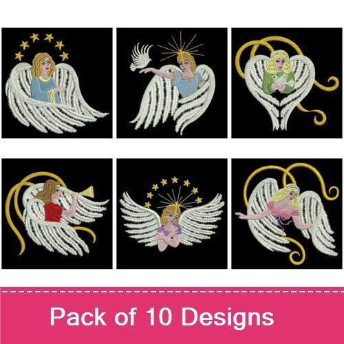 Elegant Angel Embroidery Bundle – Angel with Dove, Angel with Star, Angel Holding Heart & More (10 Designs)