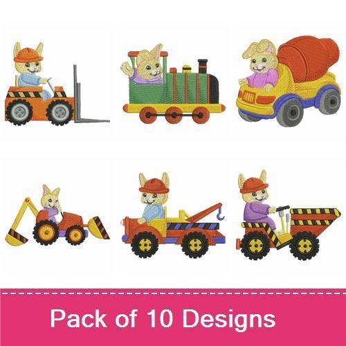Bunny in Vehicles Embroidery Bundle – Forklift, Train, Cement Mixer & More (10 Designs)