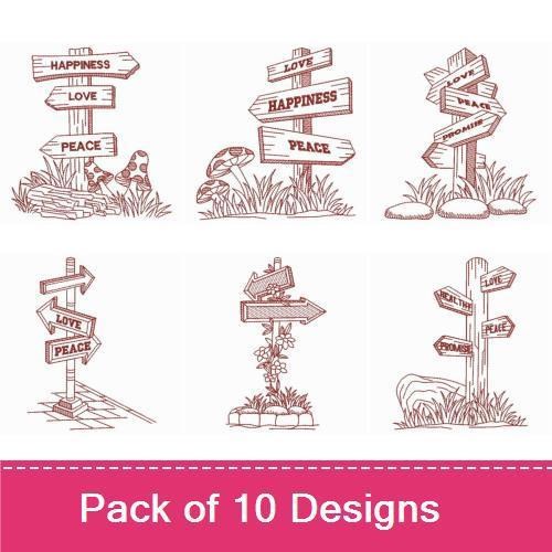 Redwork Rustic Signpost Embroidery Designs Bundle – Happiness, Love, Peace & More (10 Designs)