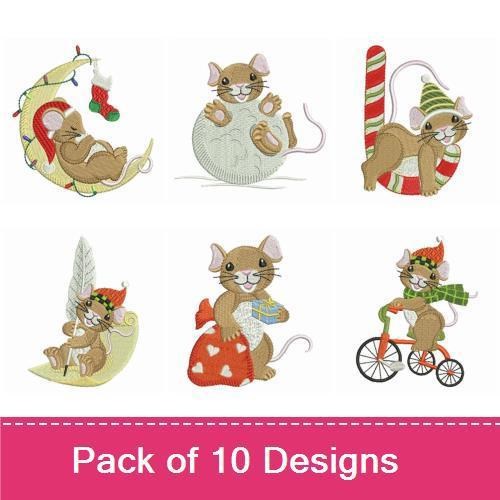 Festive Holiday Mice Embroidery Bundle – Santa Mouse, Reindeer Mouse, Mouse in Sleigh & More (10 Designs)