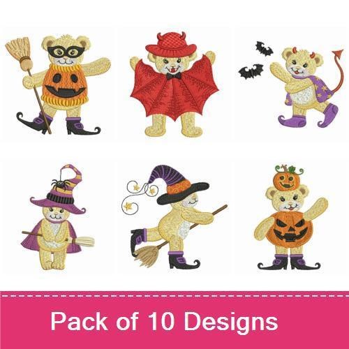 Halloween Bear Costumes Embroidery Designs Bundle – Pumpkin Bear, Bat Bear, Witch Bear & More (10 Designs)