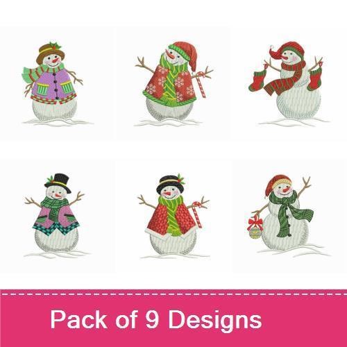 Festive Snowmen Embroidery Designs Bundle – Snowman with Red Scarf, Snowman with Santa Hat, & More (9 Designs)