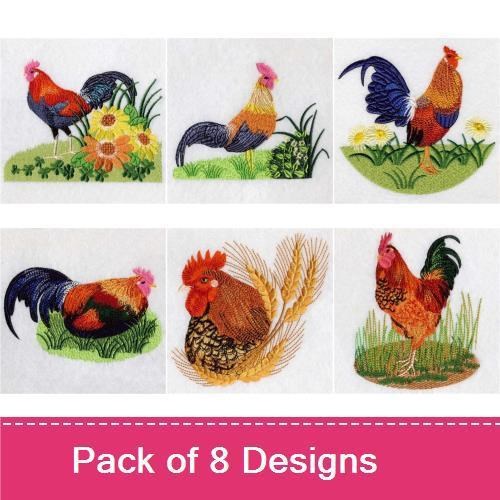 Farm Animal Embroidery Bundle – Rooster with Flowers, Rooster in Garden, Colorful Rooster & More (8 Designs)