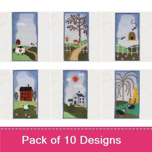 Country Farm Scenes Embroidery Bundle – Farmhouse Landscape, Cow in Field, Spring Tree & More (10 Designs)