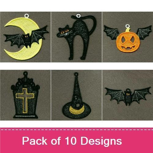 FSL Spooky Halloween Decorations Embroidery Designs Bundle – Happy Halloween Sign, Bat, Black Cat & More (10 Designs)