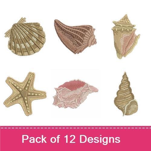 Coastal Seashells Embroidery Designs Bundle – Mollusk Shell, Scallop Shell, Starfish & More (12 Designs)