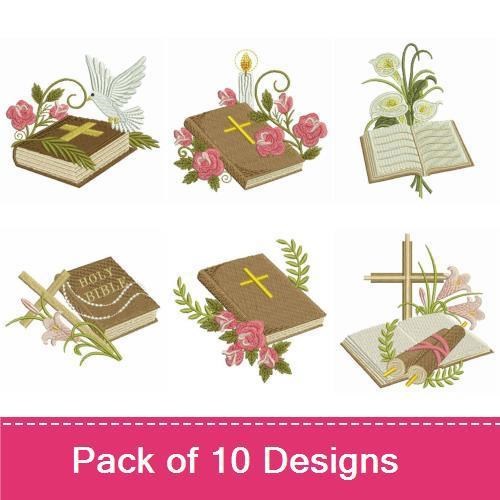 Floral Faith Embroidery Bundle – Bible with Roses, Dove with Olive Branch, Cross with Floral Accents & More (10 Designs)