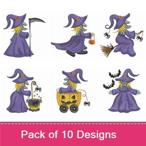 Charming Witch Halloween Embroidery Designs Bundle – Witch with Cauldron, Pumpkin, Broom & More (10 Designs)