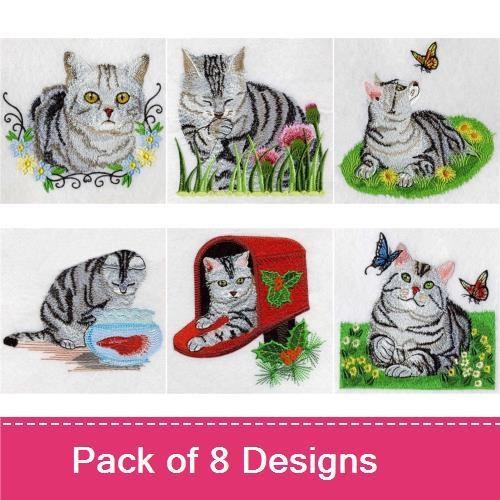 Tabby Cat Embroidery Bundle – Playful Tabby Cat with Butterfly, Tabby Cat Stretching, Tabby Cat with Flowers & More (8 Designs)