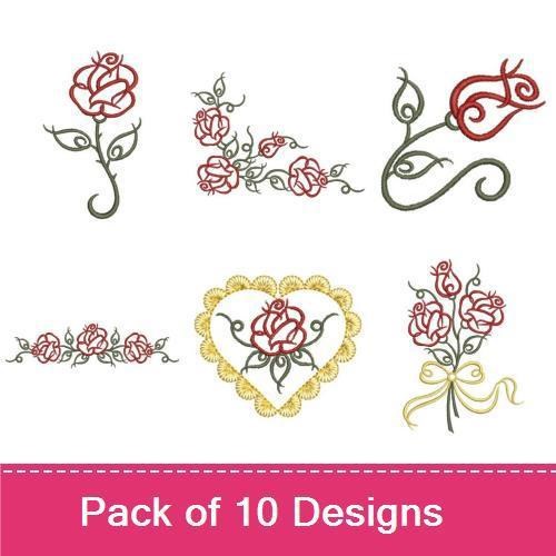 Redwork Elegant Rose Embroidery Designs Bundle – Bouquet of Roses, Single Rose, Floral Heart & More (10 Designs)