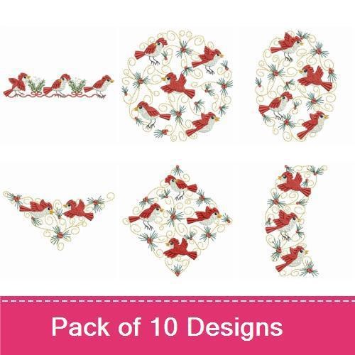 Redwork Festive Red Birds Embroidery Designs Bundle – Cardinal with Swirls, Birds on Branch, Cardinal Wreath & More (10 Designs)