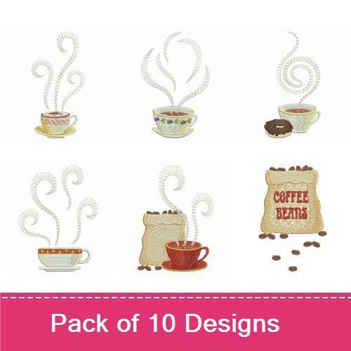 Coffee Themed Embroidery Designs Bundle – Coffee Cup with Steam, Coffee Bean Bag, Floral Coffee Cup & More (10 Designs)