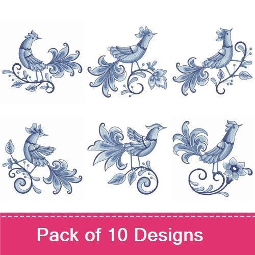 Redwork Folk Art Birds Embroidery Designs Bundle – Floral Tail, Ornate Patterns, In Flight & More (10 Designs)