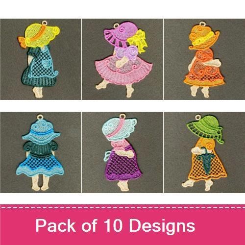 FSL Vintage Sunbonnet Girls Embroidery Designs Bundle – Pink, Yellow, Blue Sunbonnet Girls & More (10 Designs)