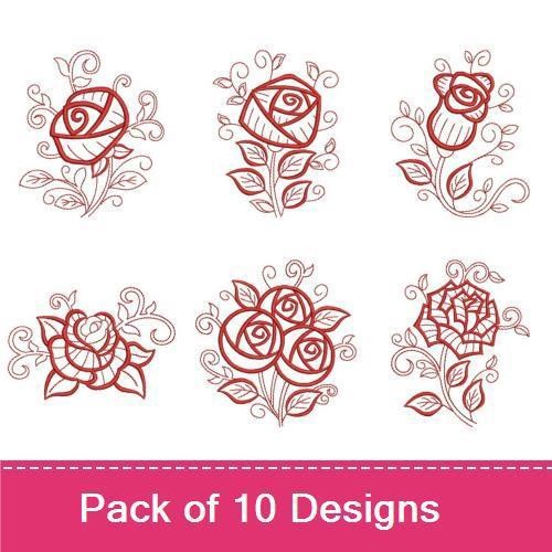 Redwork Elegant Red Roses Embroidery Designs Bundle – Fancy Red Rose Bouquet, Detailed Red Rose with Swirls, & More (10 Designs)