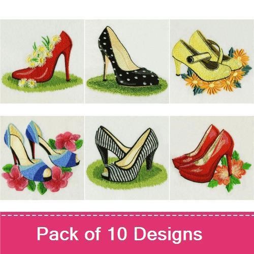 Chic High Heel Shoes Embroidery Designs Bundle – Red High Heel with Flowers, Blue High Heel, Striped High Heel & More (10 Designs)