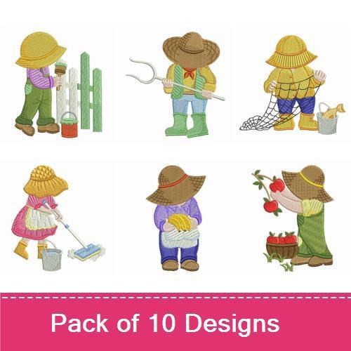 Cute Little Farmers Embroidery Bundle – Farmer with Shovel, Watering Can, Basket & More (10 Designs)