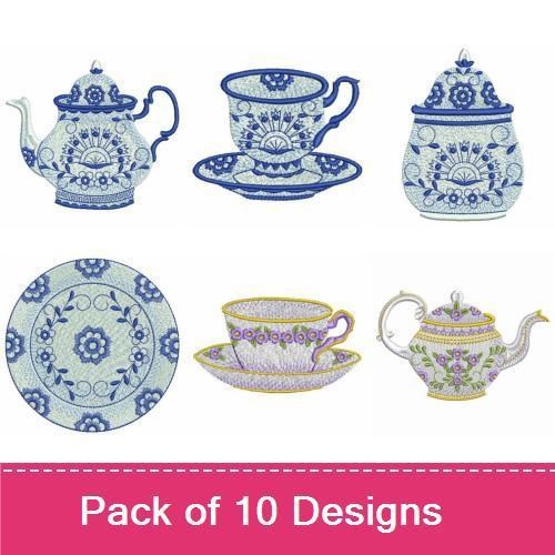 Elegant Tea Set Embroidery Designs Bundle – Teapot with Floral Design, Tea Cup with Blue and White Pattern & More (10 Designs)