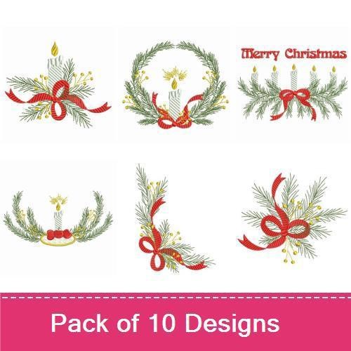 Christmas Candles & Wreaths Embroidery Designs Bundle – Merry Christmas Text, Candle Wreath, Joyous Candle Display & More (10 Designs)