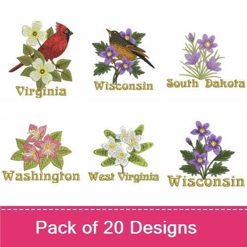 State Birds and Flowers Embroidery Designs Bundle – Tennessee Iris and Bird, South Dakota Bird, Utah Bird and Flower & More (20 Designs)