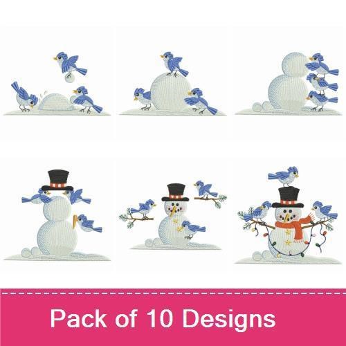 Snowman & Bluebird Embroidery Designs Bundle – Snowman with Hat, Bluebird Gathering, & Snowman Family (10 Designs)