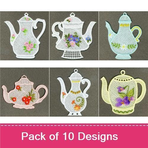 FSL Floral Teapot Embroidery Bundle – White, Yellow, Blue, Pink & More (10 Designs)