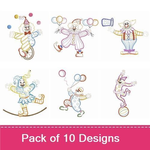 Redwork Cheerful Clowns Embroidery Designs Bundle – Clown with Balloons, Clown on Skates, Clown Juggling & More (10 Designs)