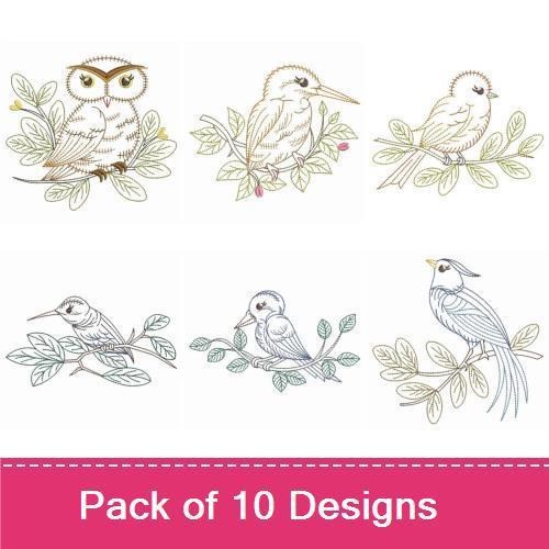 Delicate Birds Embroidery Designs Bundle – Owl on Branch, Singing Bird, White Bird & More (10 Designs)